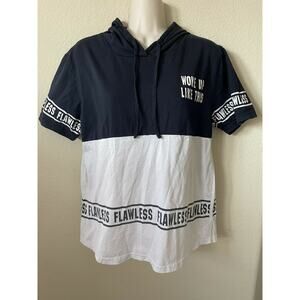 Black Color Block Flawless Woke Up Like This Short Sleeve Hoodie Top Size XL